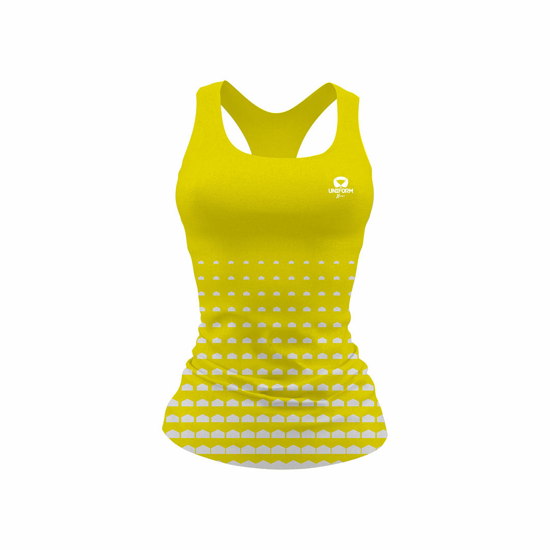 Yellow Women's Netball Uniform: Brighten up the court with our vibrant yellow netball uniform for women. This set includes a breathable jersey and matching shorts, designed for agility and comfort during gameplay. Shine with confidence in our premium set. Keywords: yellow women's netball uniform, netball jersey, netball shorts