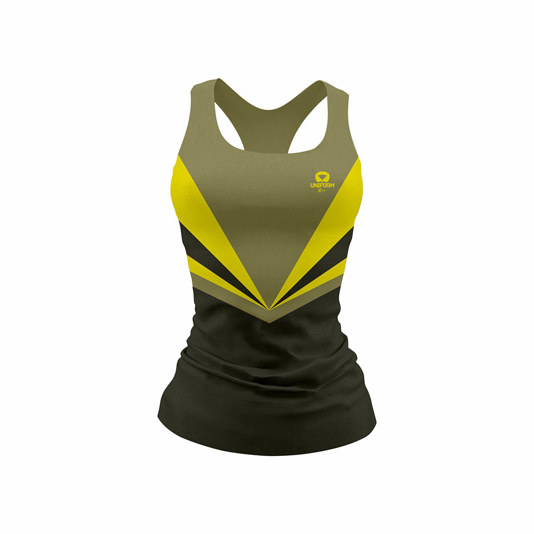 This is a catalog of women's netball uniforms available in yellow. The uniform set includes a breathable jersey and matching shorts designed for agility and style on the court. Crafted for comfort and performance, it ensures optimal movement and durability throughout the game. Keywords: yellow women's netball uniform, netball jersey, netball shorts, women's sports uniform, netball outfit, netball apparel, court-ready attire