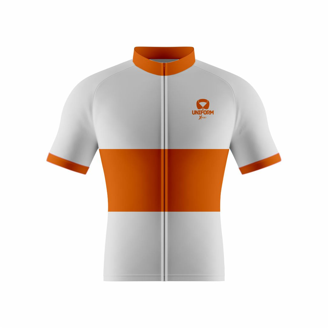 Orange Cycling Uniform: This bold orange cycling set includes a breathable jersey and shorts. Crafted for road and mountain biking, it ensures comfort, performance, and an aerodynamic fit. Ideal for cyclists who want to make a vibrant and energetic statement on the road. Keywords: orange cycling uniform, cycling jersey, cycling shorts, road biking, mountain biking, professional cycling, cycling kit, cycling apparel, cycling gear, biking clothes, cycling outfit