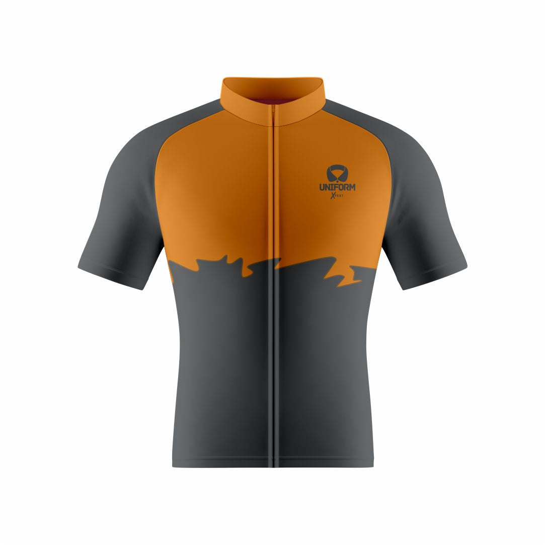 Orange Cycling Uniform: This bold orange cycling set includes a breathable jersey and shorts. Designed for road and mountain biking, it ensures comfort, performance, and an aerodynamic fit. Ideal for cyclists who want to make a statement with their vibrant and energetic look on the road. Keywords: orange cycling uniform, cycling jersey, cycling shorts, road biking, mountain biking, professional cycling, cycling kit, cycling apparel, cycling gear, biking clothes, cycling outfit