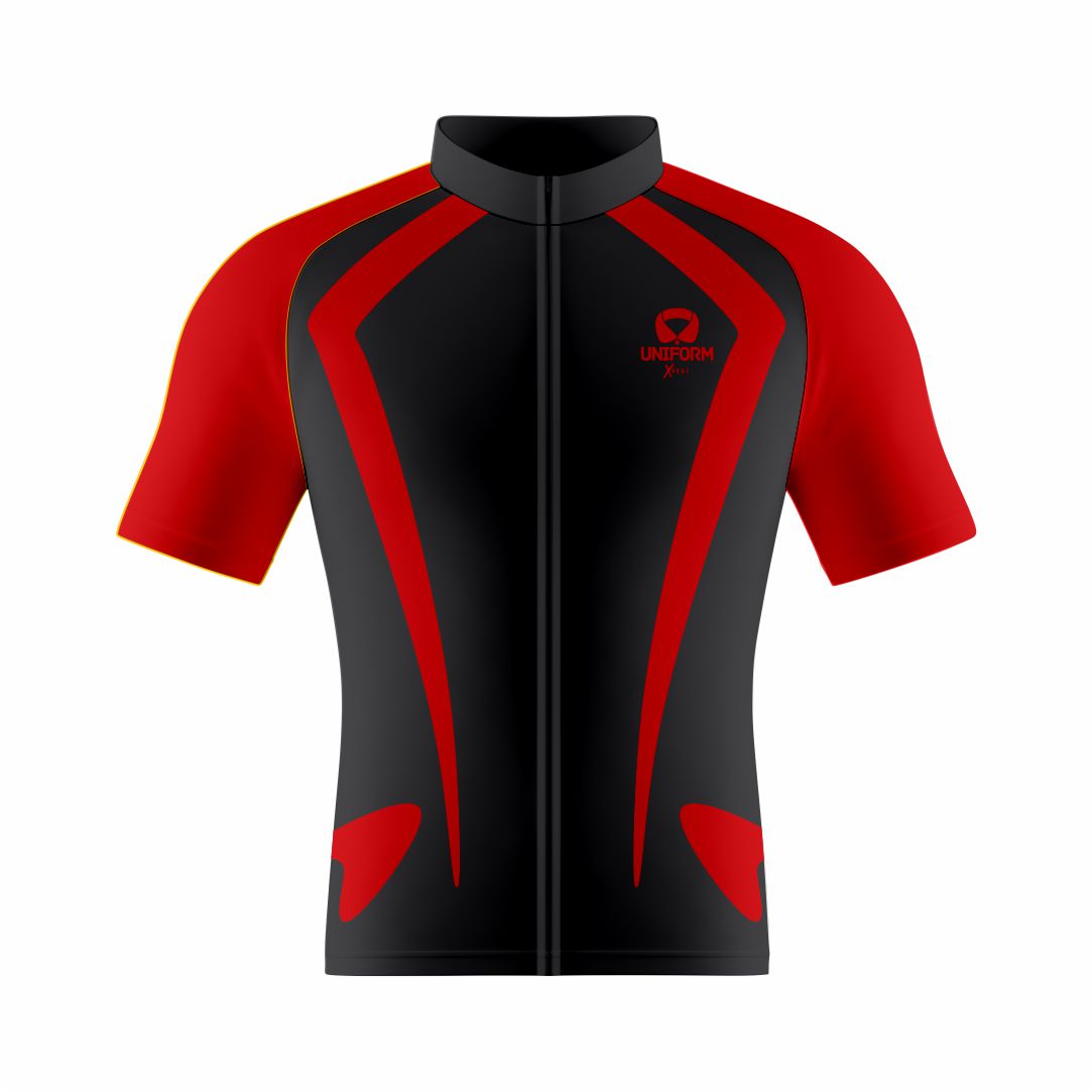 Red Cycling Uniform: This bold red cycling set includes a breathable jersey and shorts. Crafted for road and mountain biking, it ensures comfort, performance, and an aerodynamic fit. Perfect for cyclists who want to stand out on the road. Keywords: red cycling uniform, cycling jersey, cycling shorts, road biking, mountain biking, professional cycling, cycling kit, cycling apparel, cycling gear, biking clothes, cycling outfit