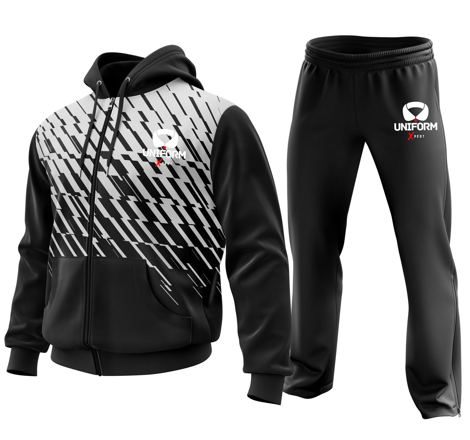 This image depicts a men's track suit. It is predominantly black with white stripes along the sides. The track suit includes features such as zippered pockets, an elastic waistband, and adjustable cuffs. It is suitable for various activities like running, gym workouts, and other sports.